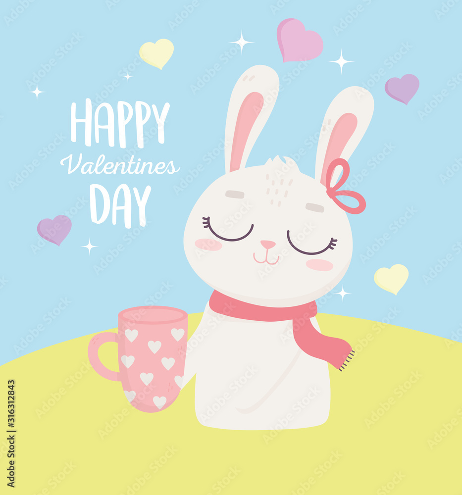 happy valentines day, cute bunny with coffee cup with hearts leaves