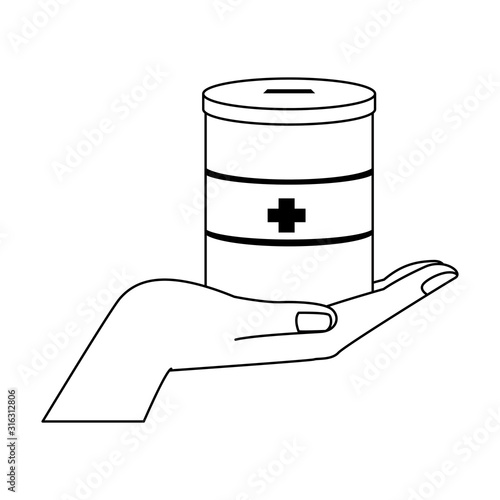 hand holding a donation tin, flat design