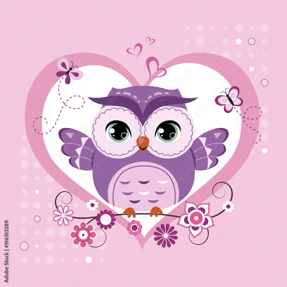 Cute owl sitting on the tree branch over the heart shape. Valentine's day card. Vector illustration.