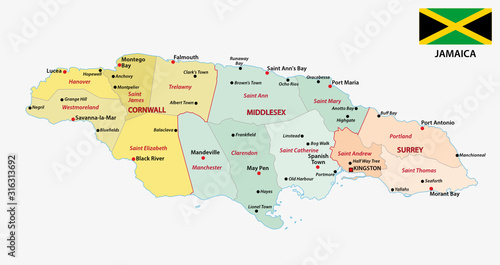 Jamaica administrative map with flag and main cities