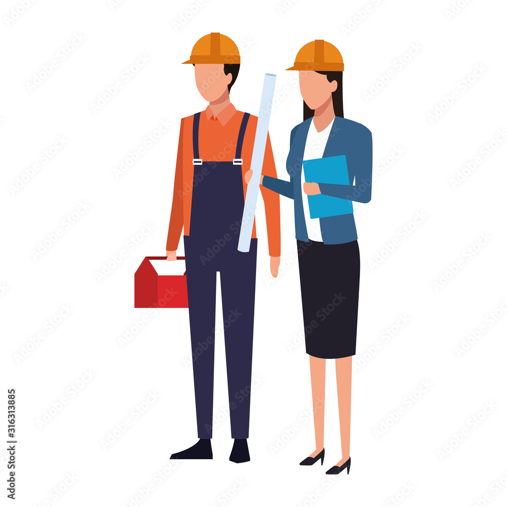 builder man and engineer woman standing builder man and engineer woman standing