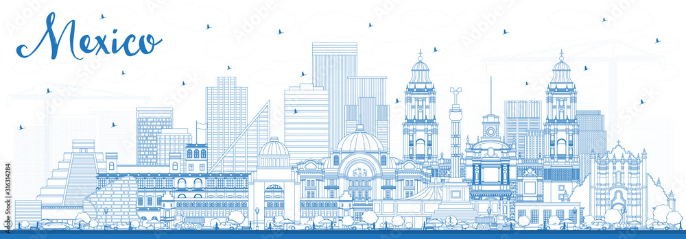 Outline Mexico City Skyline with Blue Buildings.