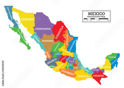 Administrative Mexico Map Isolated on White Background.
