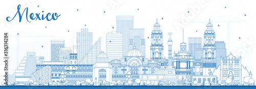 Naklejka Zarys panoramę Meksyku z niebieskimi budynkami.