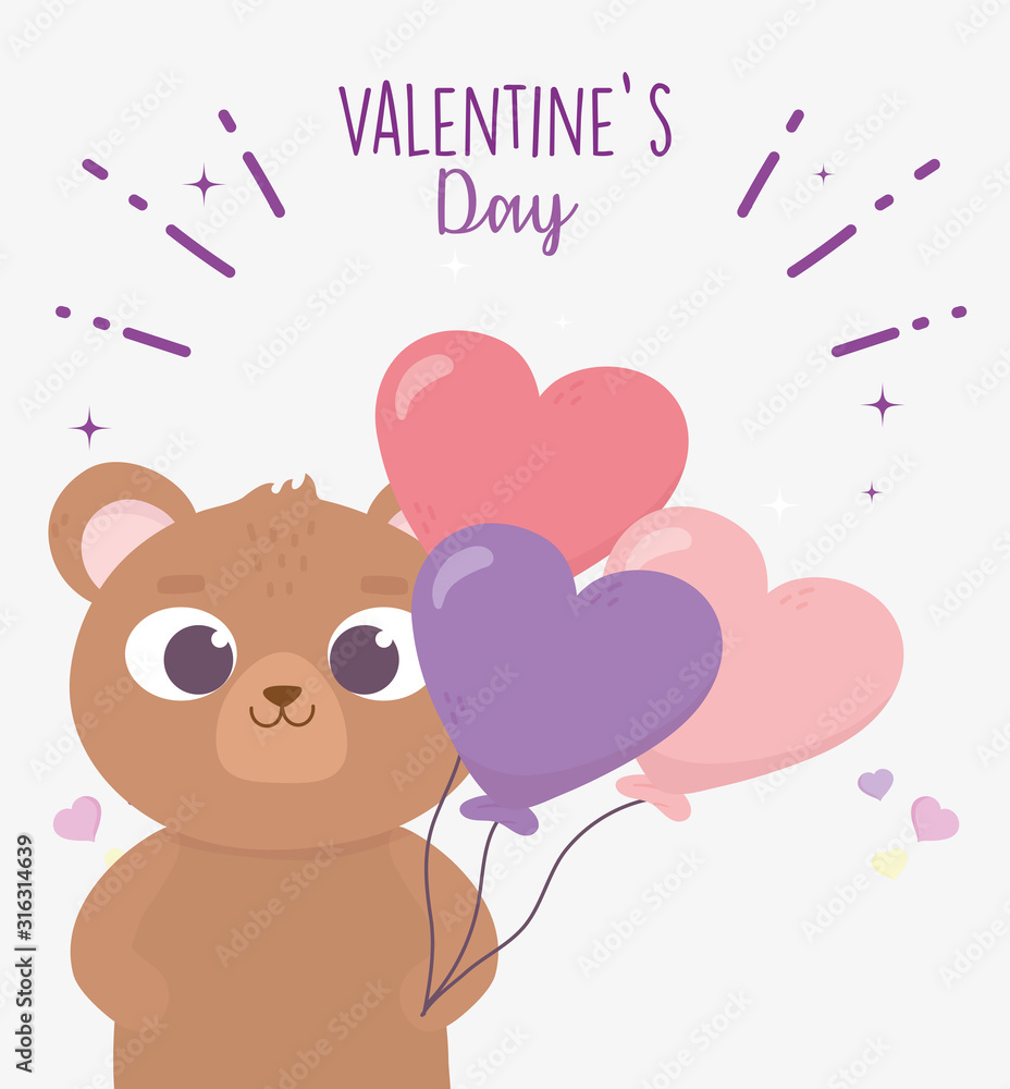 happy valentines day, cute bear with balloons shaped hearts decoration