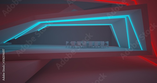 Abstract architectural white interior of a minimalist house with colored neon lighting. 3D illustration and rendering. © SERGEYMANSUROV