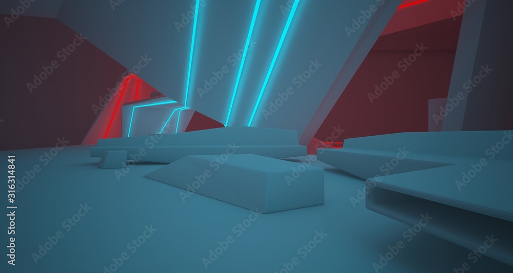 Abstract architectural white interior of a minimalist house with colored neon lighting. 3D illustration and rendering. Abstract architectural white interior of a minimalist house with colored neon lighting. 3D illustration and rendering.