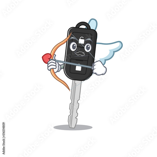 Romantic car key Cupid cartoon character with arrow and wings