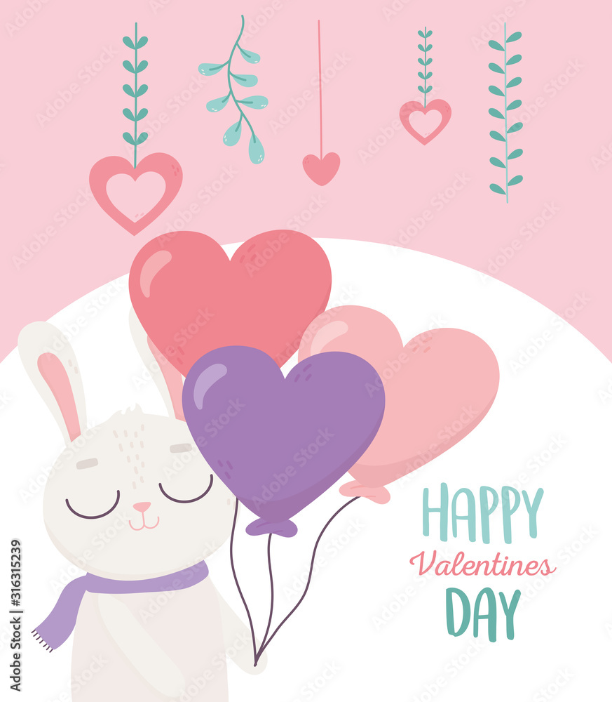 happy valentines day, cute rabbit with balloons shaped hearts love