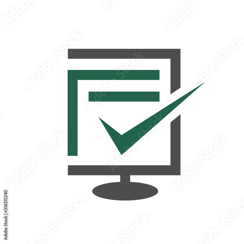 combination of screen and check mark for online questionnaire logo design vector