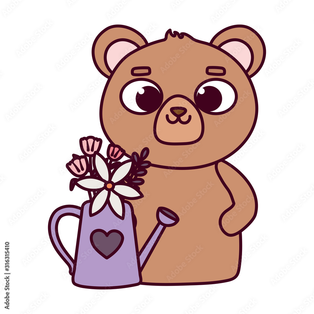 Fototapeta premium happy valentines day, cute bear watering can flowers heart love