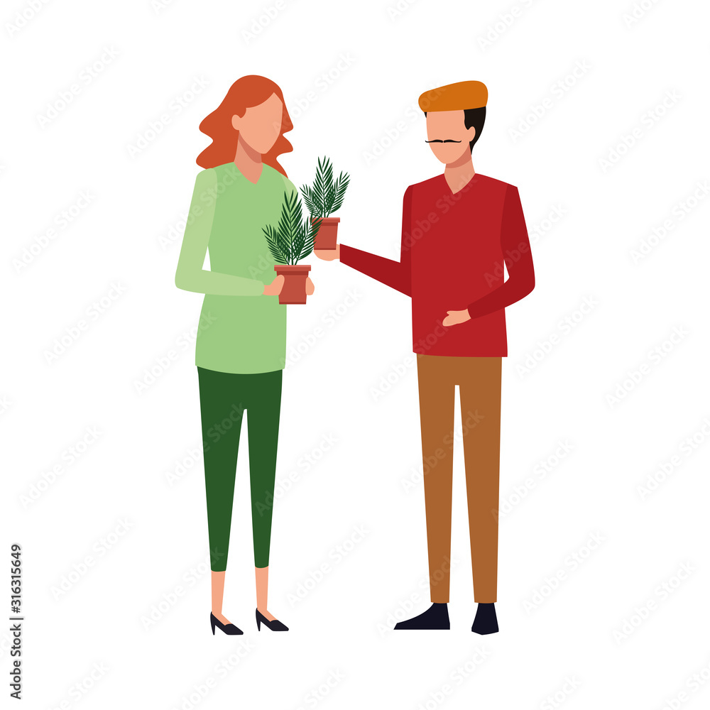 gardener woman and artist man standing, colorful design gardener woman and artist man standing, colorful design