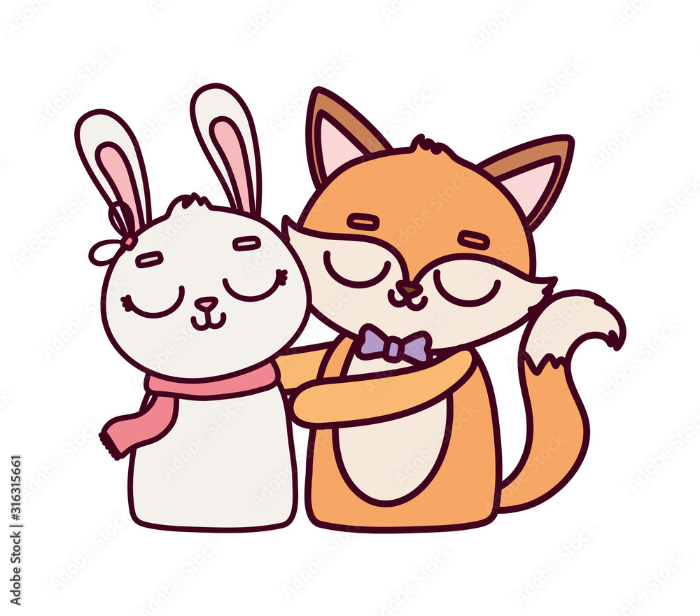 happy valentines day, cute animals fox and rabbit cartoon happy valentines day, cute animals fox and rabbit cartoon