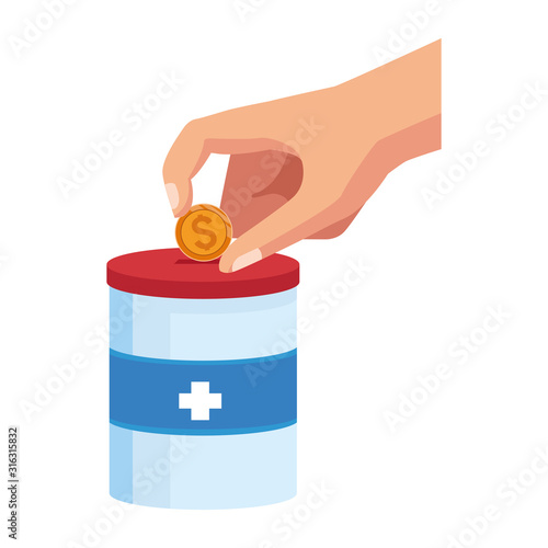 hand with donation tin icon, colorful design
