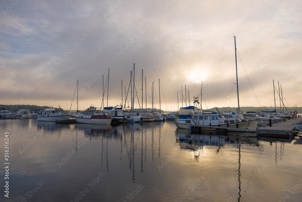 Misty June morning on Saimaa Lake. Lappeenranta, Finland