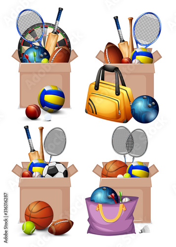 Set of boxes full of sport equipments on white background