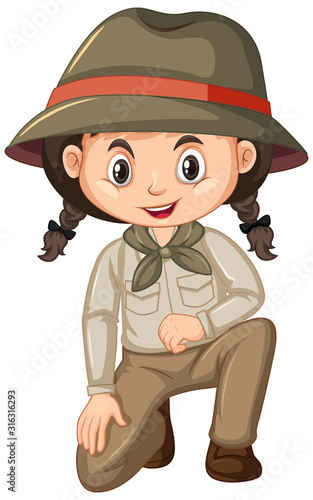 Girl in scout uniform sitting on white background