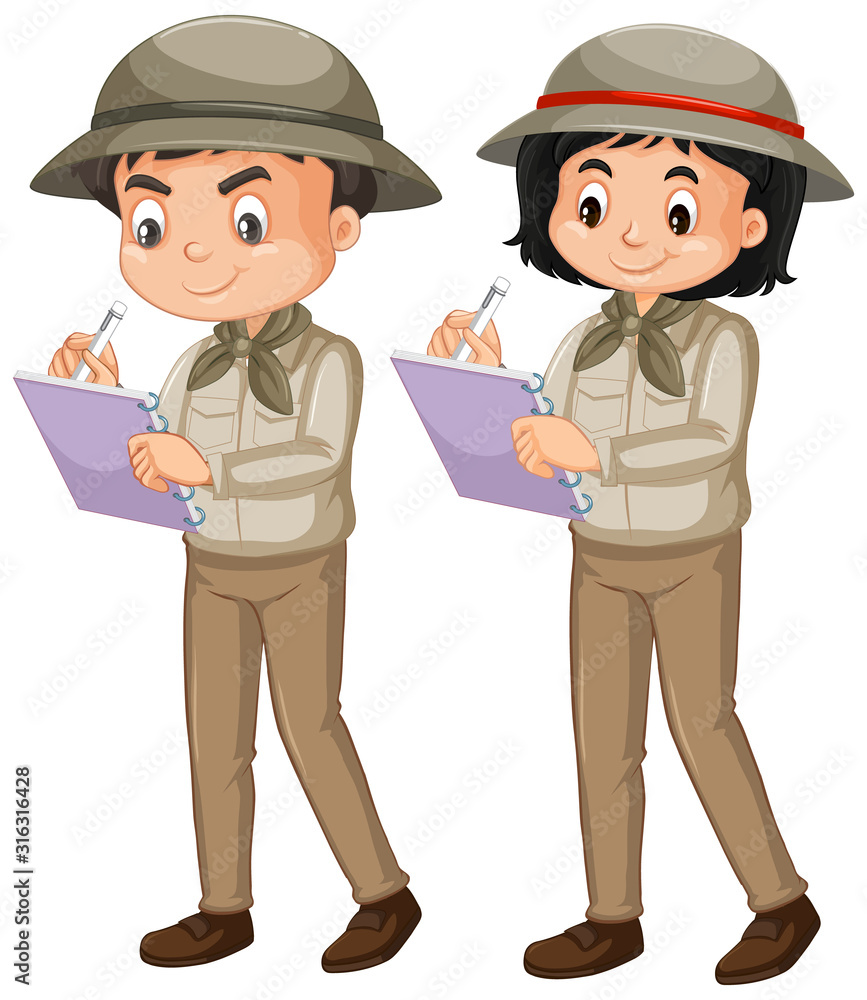 Boy and girl in safari outfit on white background