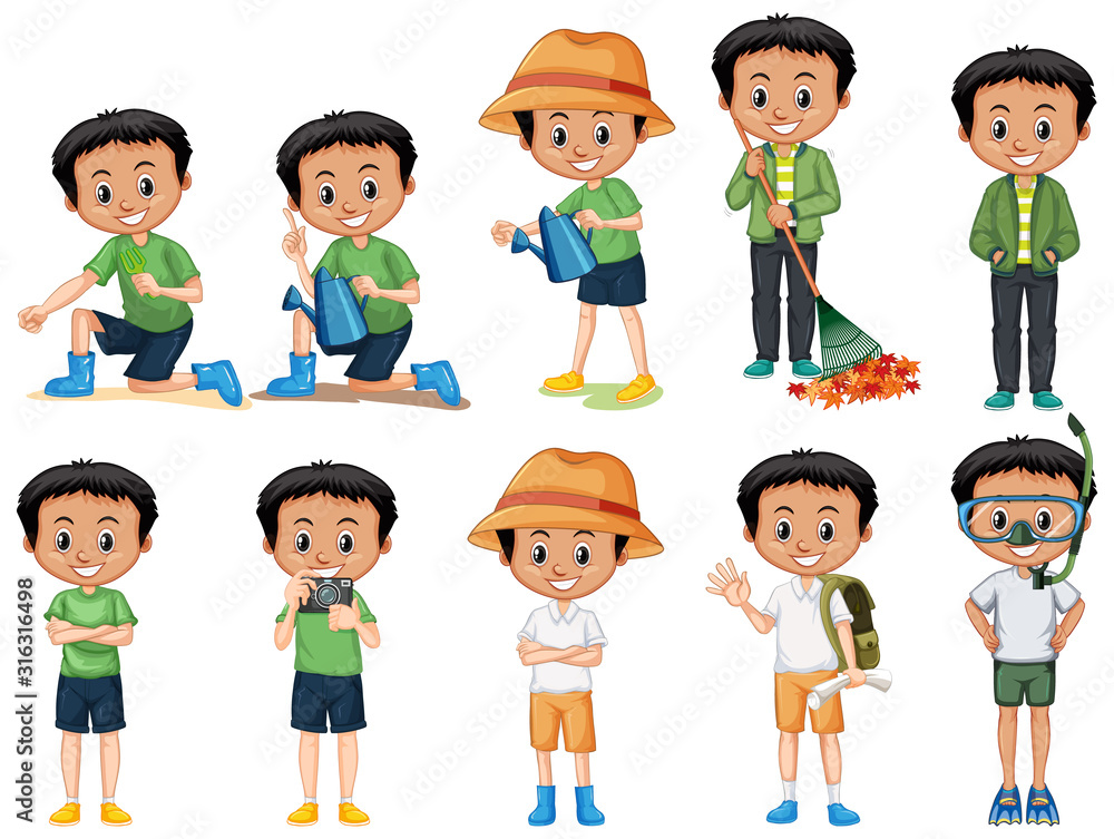 Boy with black hair doing different activities on white background