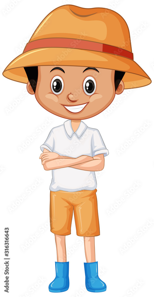 Cute boy wearing hat and blue boots on white background