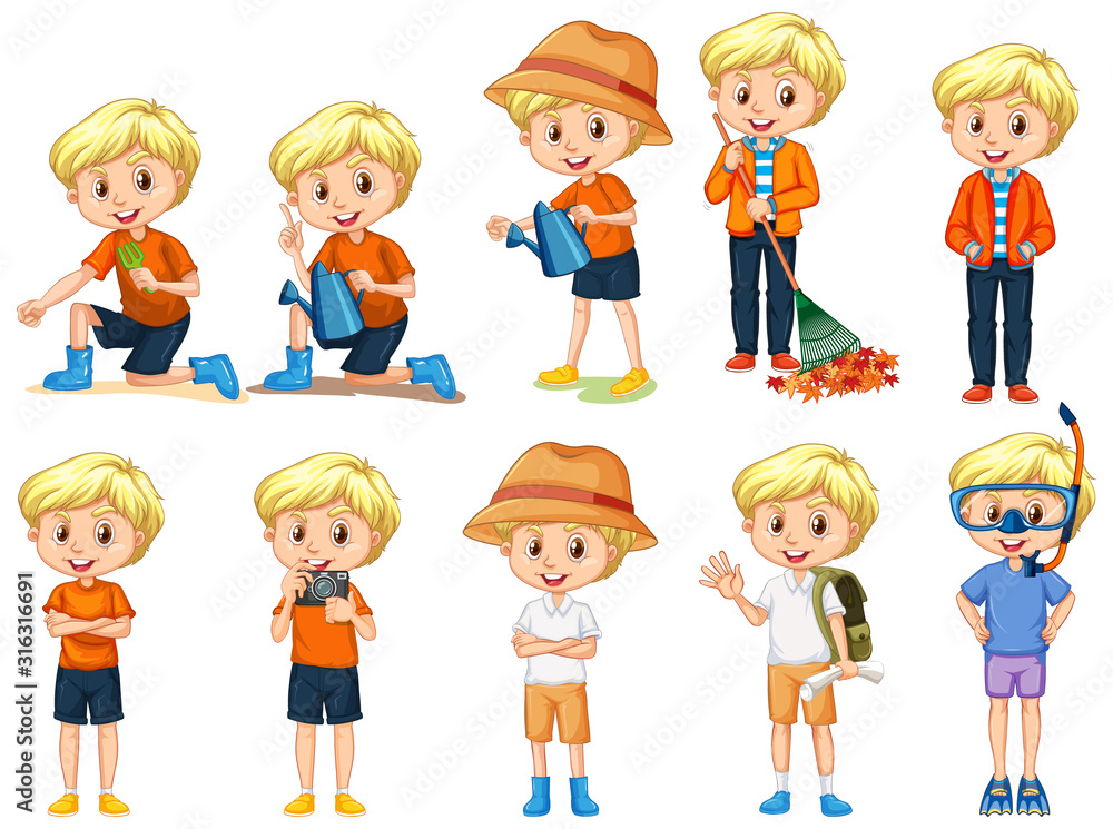 Boy doing different activities on white background
