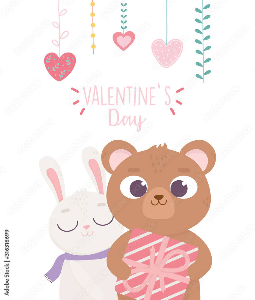 happy valentines day, cute bear with gift and rabbit hanging hearts love