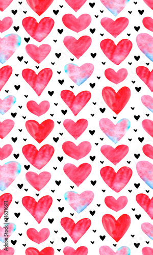 Backgrounds, textures, frames, seamless patterns of red pink blue black watercolor hearts. Hand drawn. Love romance theme for birthday, Valentine's day, greeting card, wedding, wrapping paper