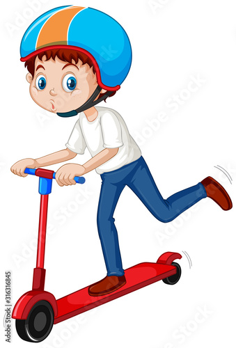 Boy playing scooter on white background