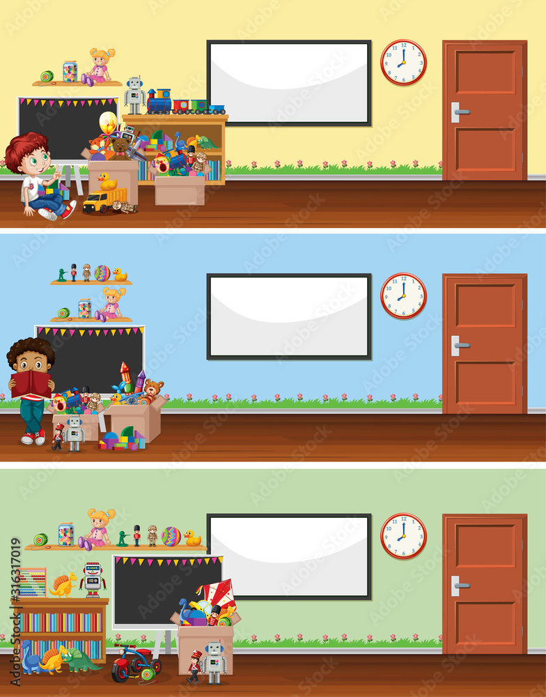 Background scene with whiteboard and toys Background scene with whiteboard and toys