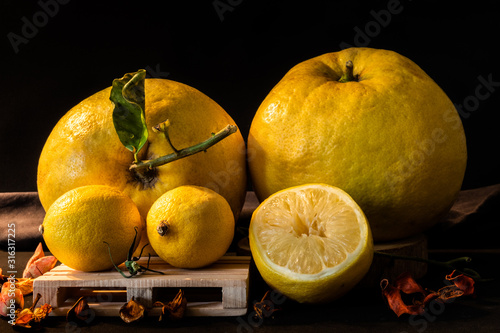 Lemons of all sizes dark food style