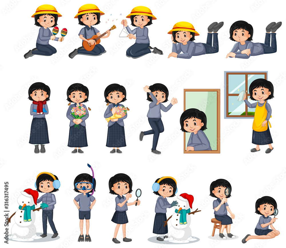 Set of girl doing different activities on white background Set of girl doing different activities on white background