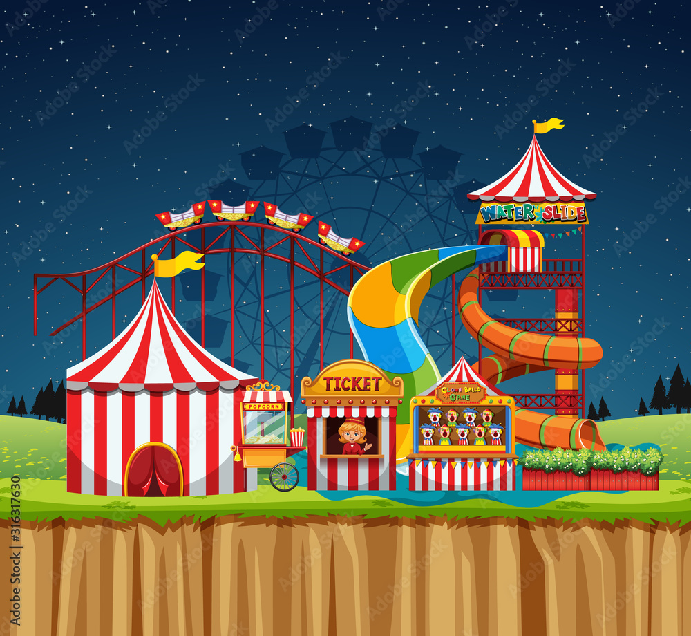 Circus scene with waterpark at night Circus scene with waterpark at night