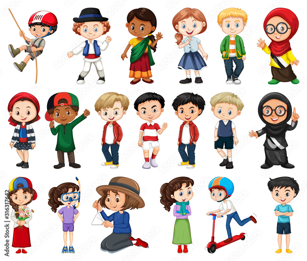 Large set of boys and girls doing different activity on white background Large set of boys and girls doing different activity on white background