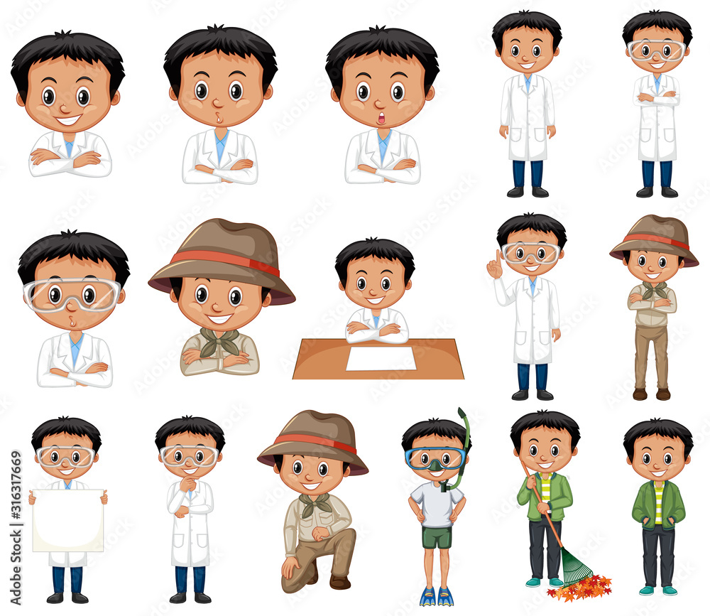 Set of black hair boy doing different activities Set of black hair boy doing different activities