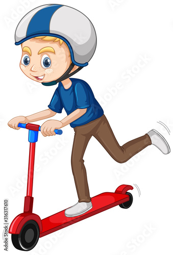 Boy playing scooter on isolated background