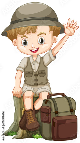 Cute boy in safari outfit on white background
