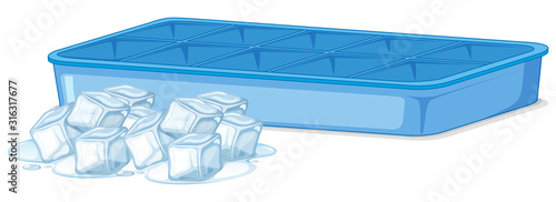 Pile of ice and empty ice tray on white background