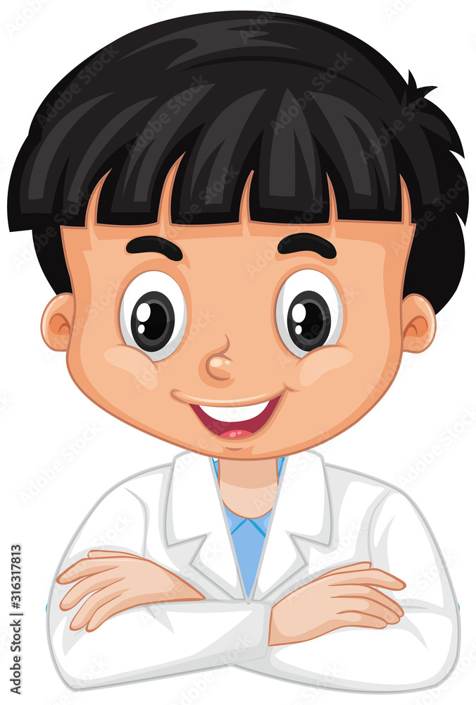 Boy in science gown smiling on white background Boy in science gown smiling on white background