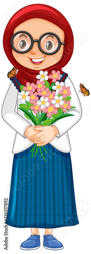 Muslim girl with flowers on white background