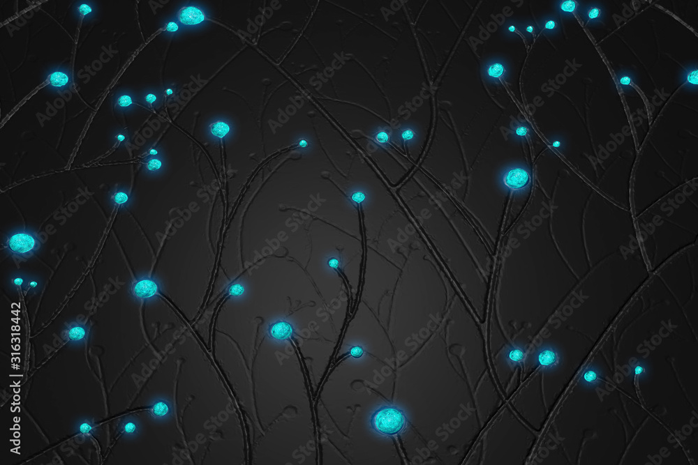 Fototapeta premium Black matte background with lines and turquoise glowing stones. 3D-visualization