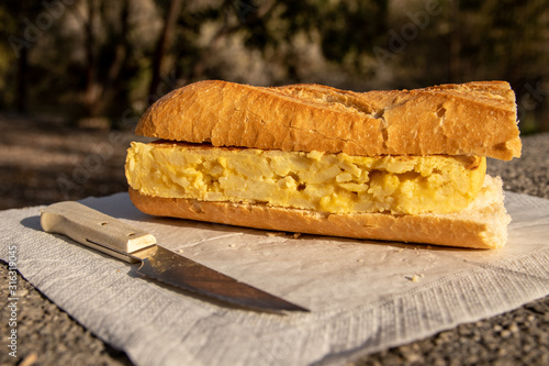 Potato tortilla sandwich on napkin in the picnic field