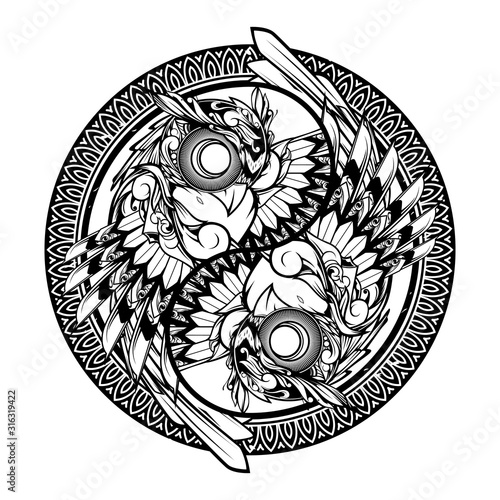 owl yin yang doodle ornament, illustration and tshirt design