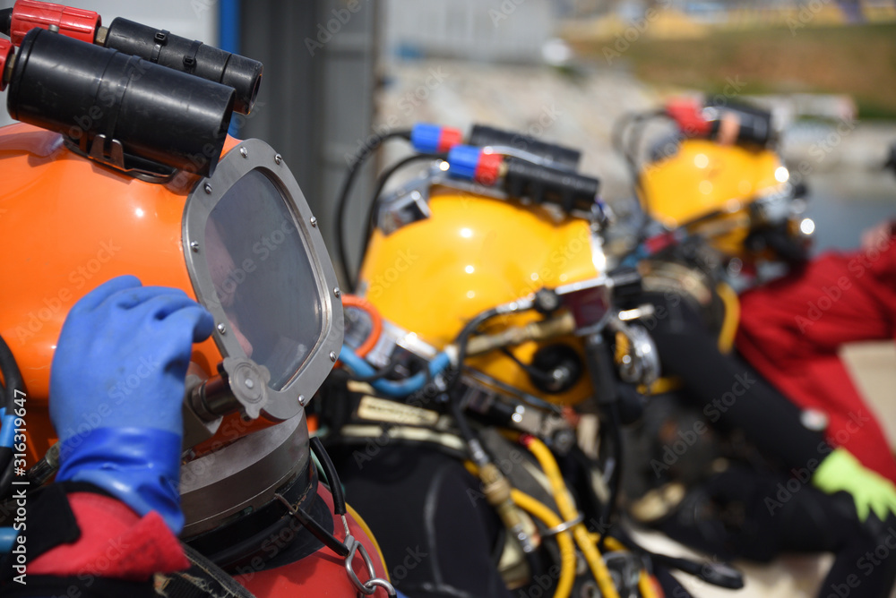 offshore commercial diver with a helmet