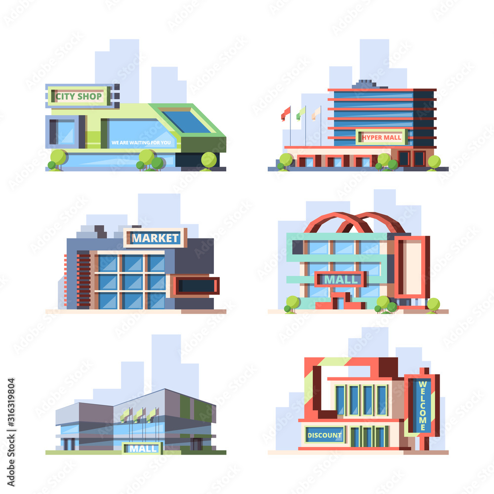 City shops and malls flat vector illustrations set