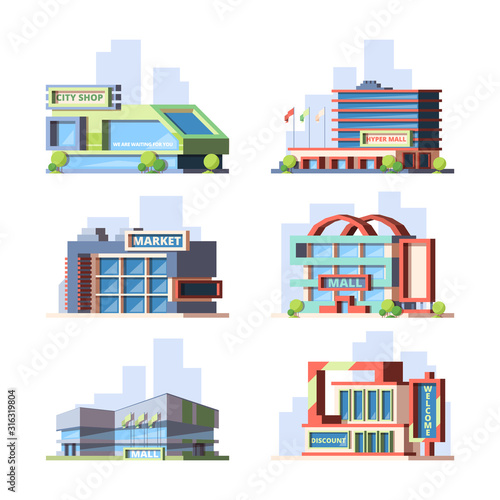 City shops and malls flat vector illustrations set