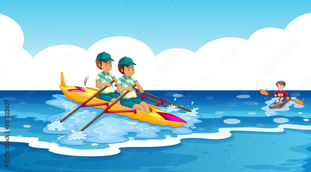 Scene with people rowing boat at sea Scene with people rowing boat at sea