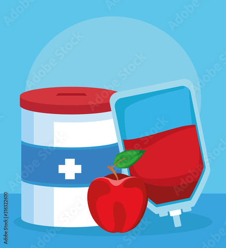 donation tin, blood bag and apple, colorful design