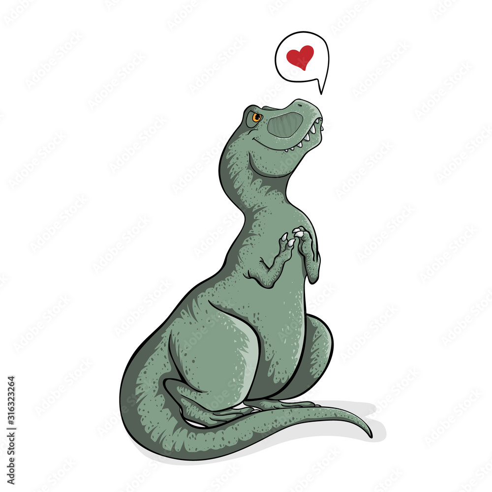 Sitting cute tyrannosaur rex with speech bubble and hearts. Hand drawn  illustration of t-rex in cartoons style. Dino tyrannosaurus on white  background isolated. Funny dinosaur. Stock Vector | Adobe Stock