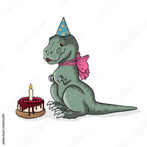 Cute sitting tyrannosaurus rex in birthday cap and pink bow with cake. Hand drawn vector illustration   of little t-rex dinosaur in cartoons style. Childish dino art.  Isolated on white background.