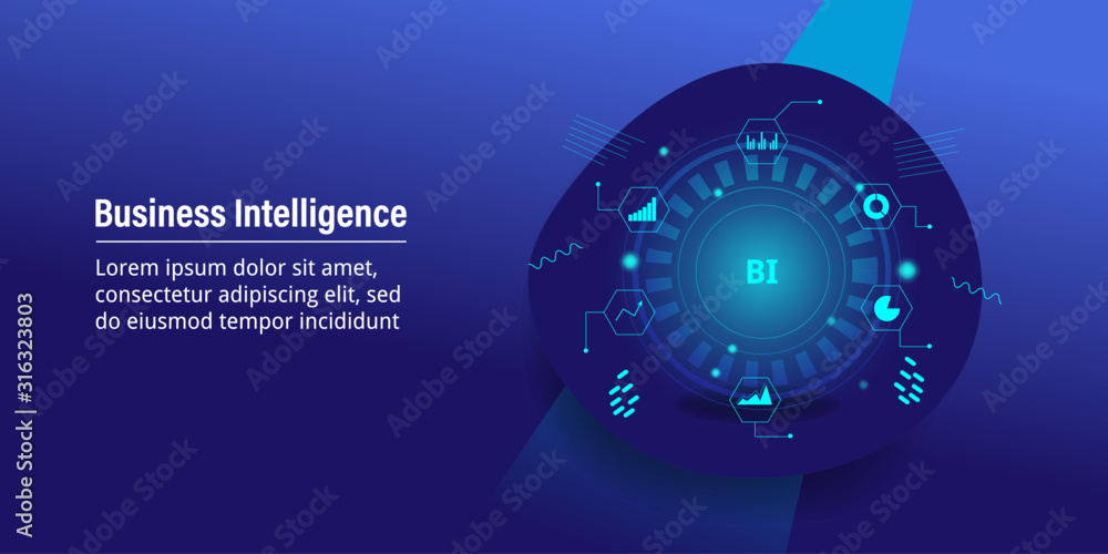 Business intelligence and marketing analytic with key performance indicator concept, holographic and futuristic design with neon and glowing effect. Web banner template with text.